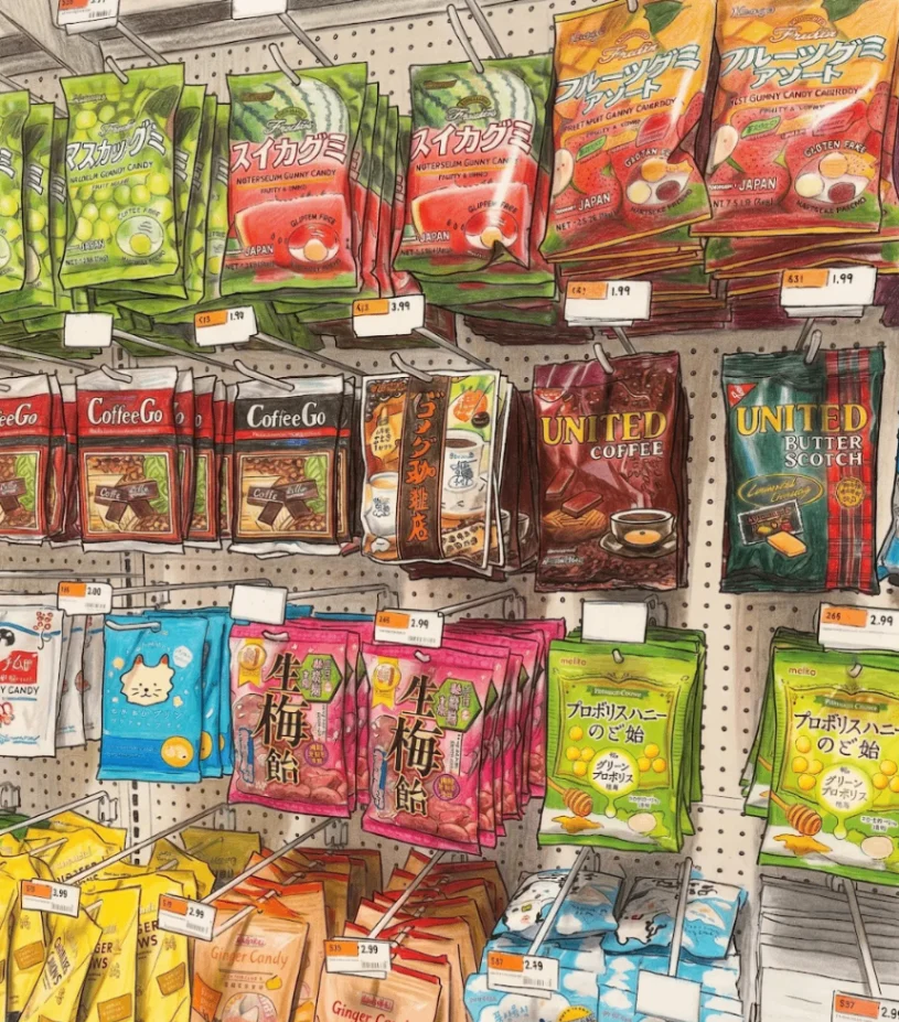 Hand-drawn illustration of Asian Capital Market groceries