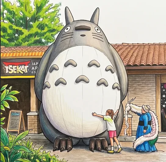 Hand-drawn illustration outside Japanese Isekai Arcade